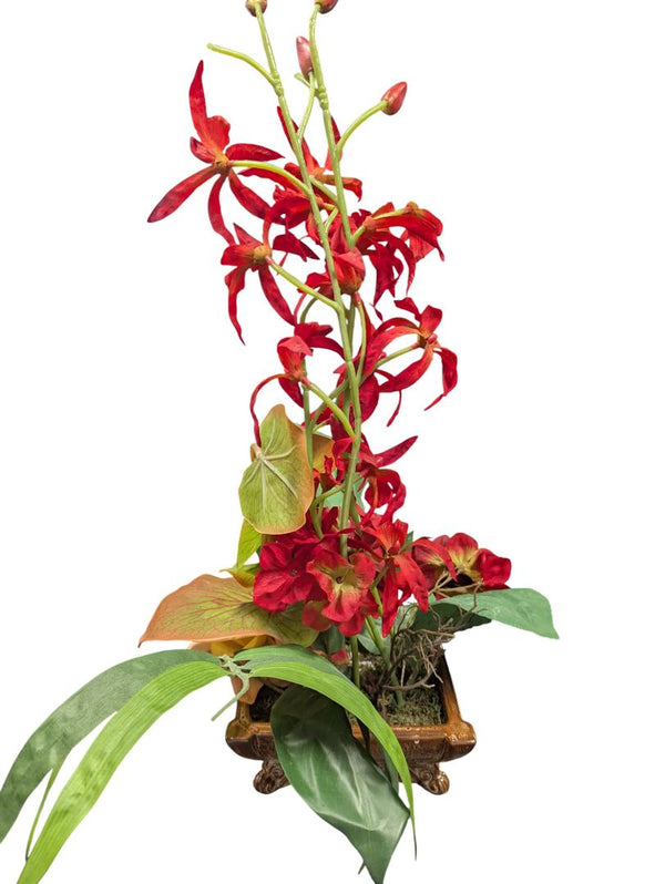 Pair of Decorative Silk Floral Arrangements in Ornate Planters