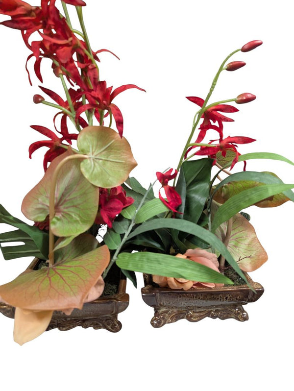 Pair of Decorative Silk Floral Arrangements in Ornate Planters