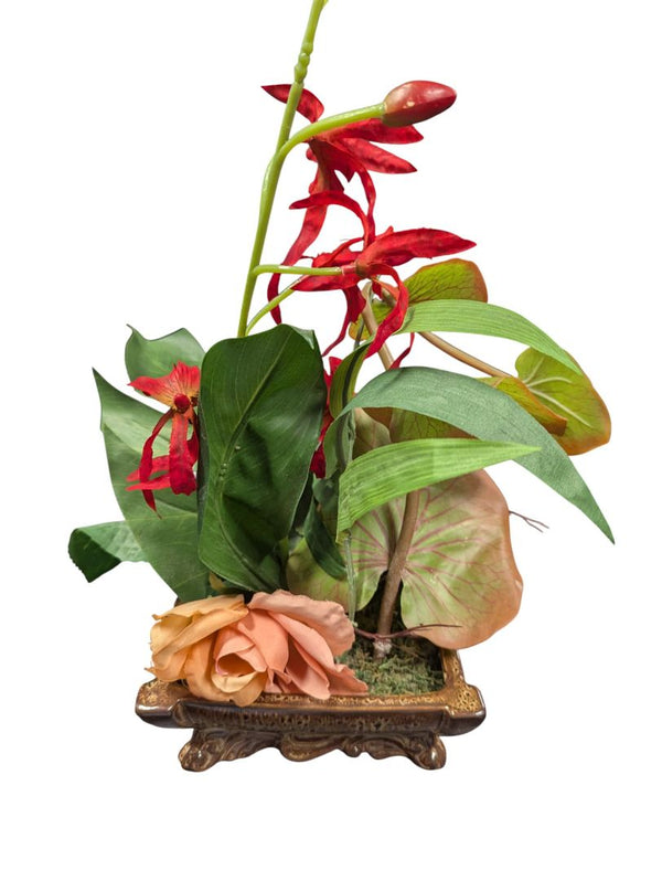 Pair of Decorative Silk Floral Arrangements in Ornate Planters