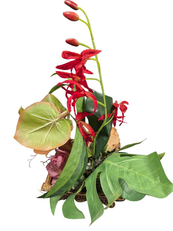 Pair of Decorative Silk Floral Arrangements in Ornate Planters