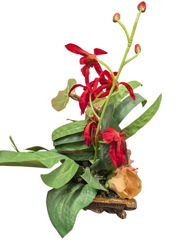 Pair of Decorative Silk Floral Arrangements in Ornate Planters