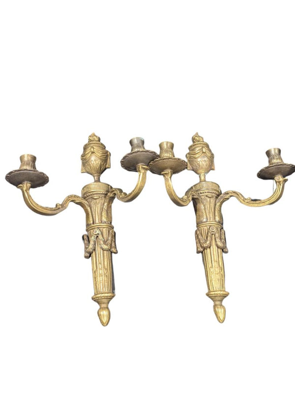Pair of Vintage French Brass Two-Arm Wall Sconces