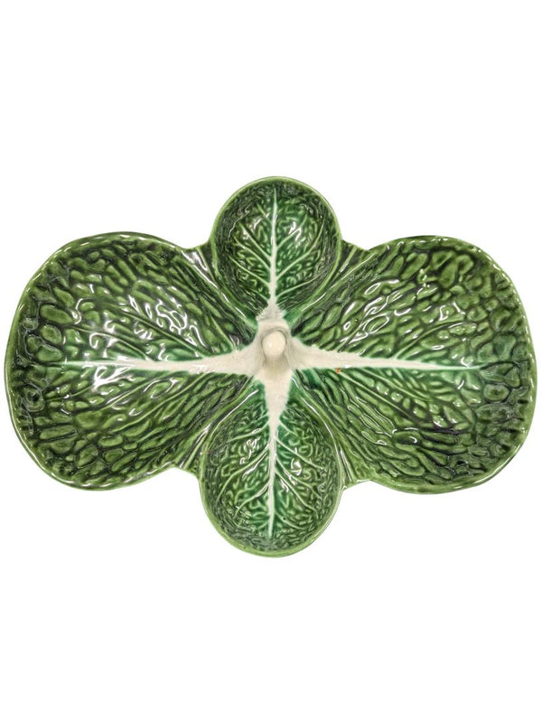 Vintage Portuguese Majolica Green Leaf Ceramic Divided Dish