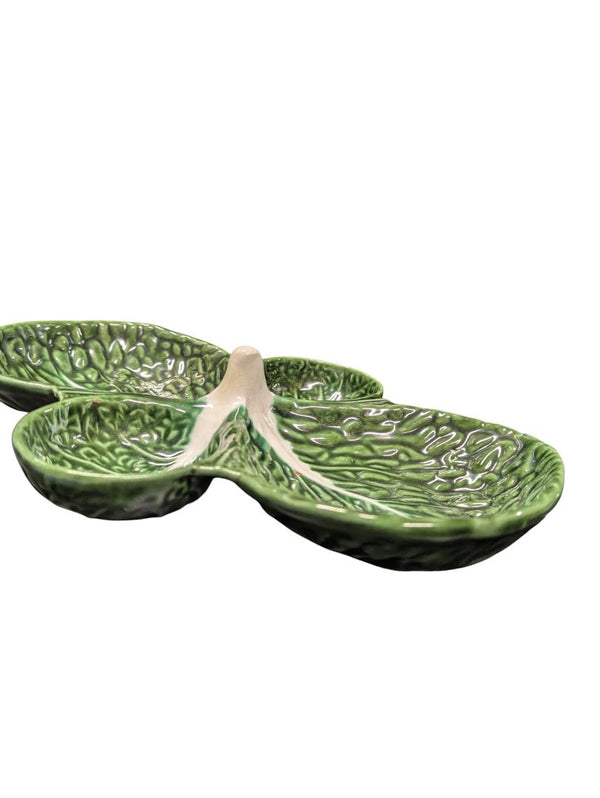 Vintage Portuguese Majolica Green Leaf Ceramic Divided Dish