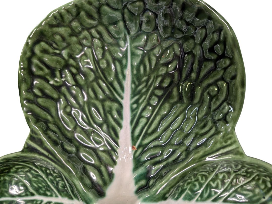 Vintage Portuguese Majolica Green Leaf Ceramic Divided Dish