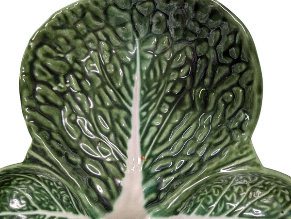 Vintage Portuguese Majolica Green Leaf Ceramic Divided Dish