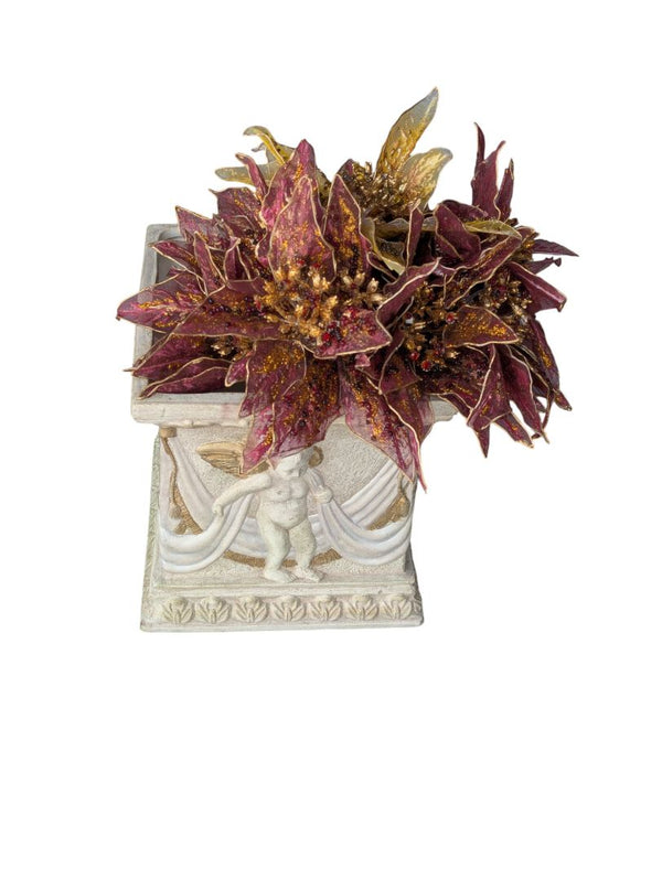 Cherub Planter with Burgundy & Gold Artificial Floral Arrangement