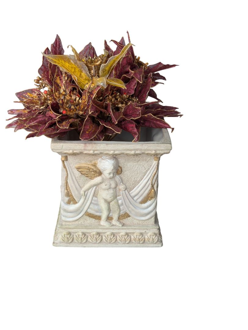 Cherub Planter with Burgundy & Gold Artificial Floral Arrangement
