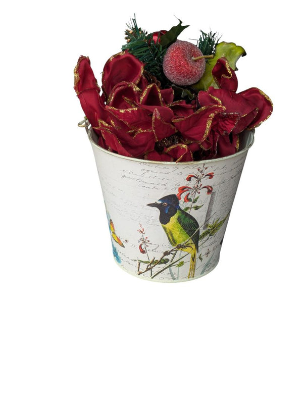 Festive Holiday Floral Arrangement in Decorative Bird & Butterfly Tin Bucket