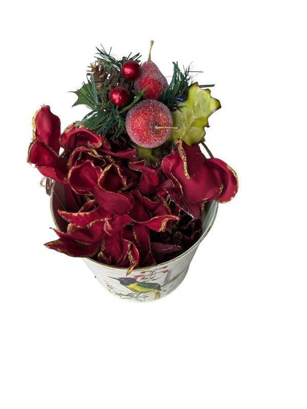 Festive Holiday Floral Arrangement in Decorative Bird & Butterfly Tin Bucket