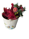Festive Holiday Floral Arrangement in Decorative Bird & Butterfly Tin Bucket