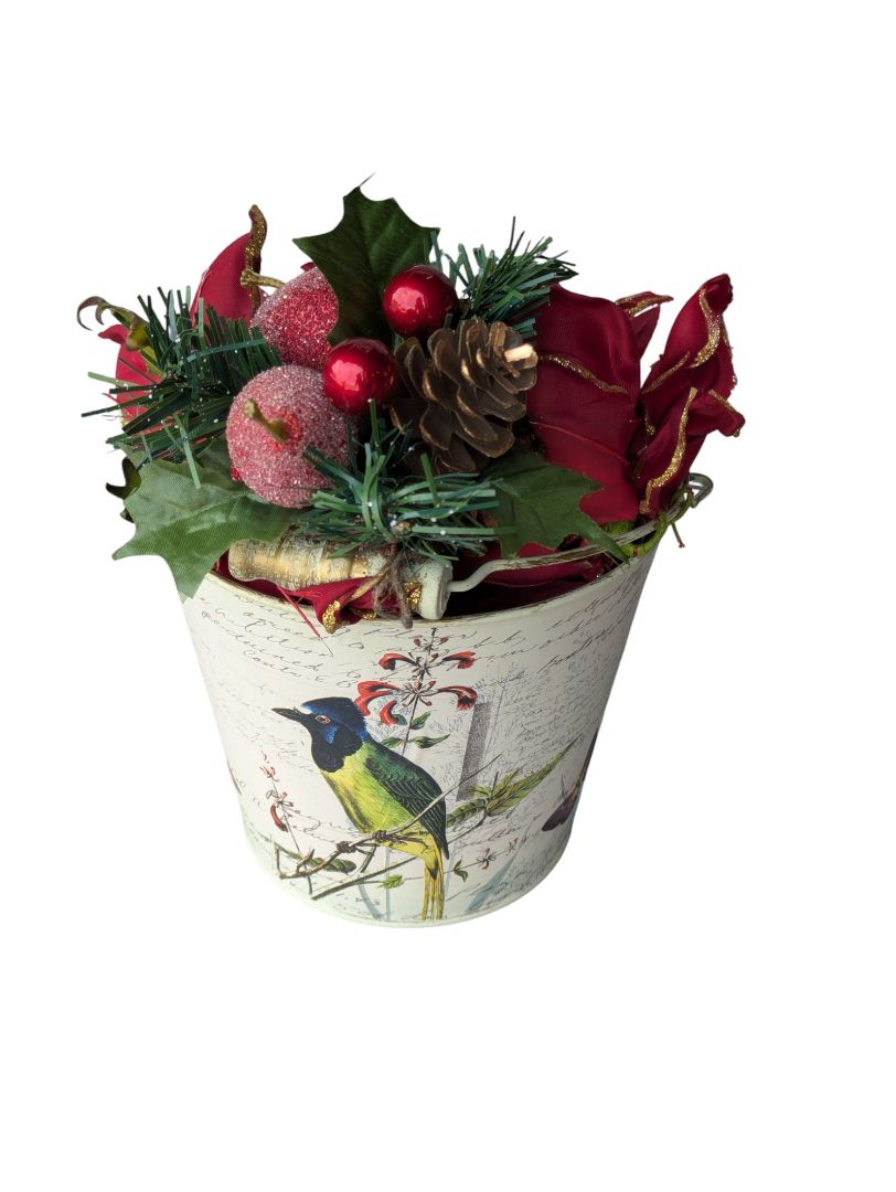 Festive Holiday Floral Arrangement in Decorative Bird & Butterfly Tin Bucket