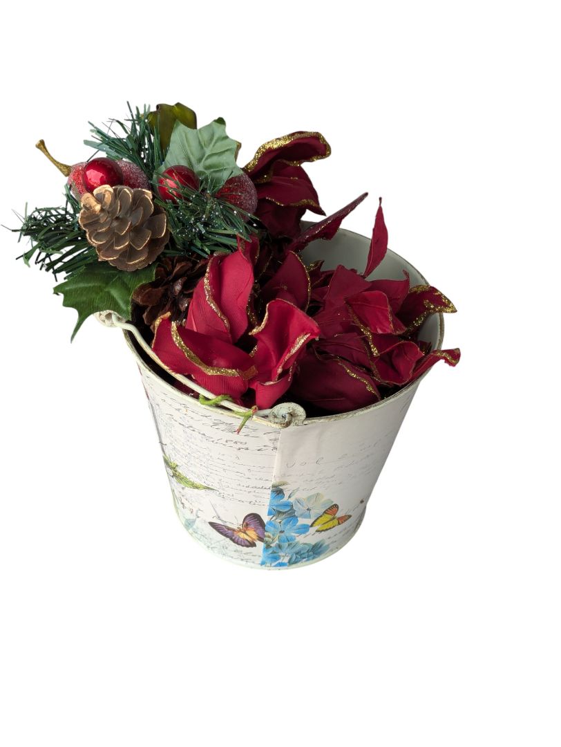 Festive Holiday Floral Arrangement in Decorative Bird & Butterfly Tin Bucket
