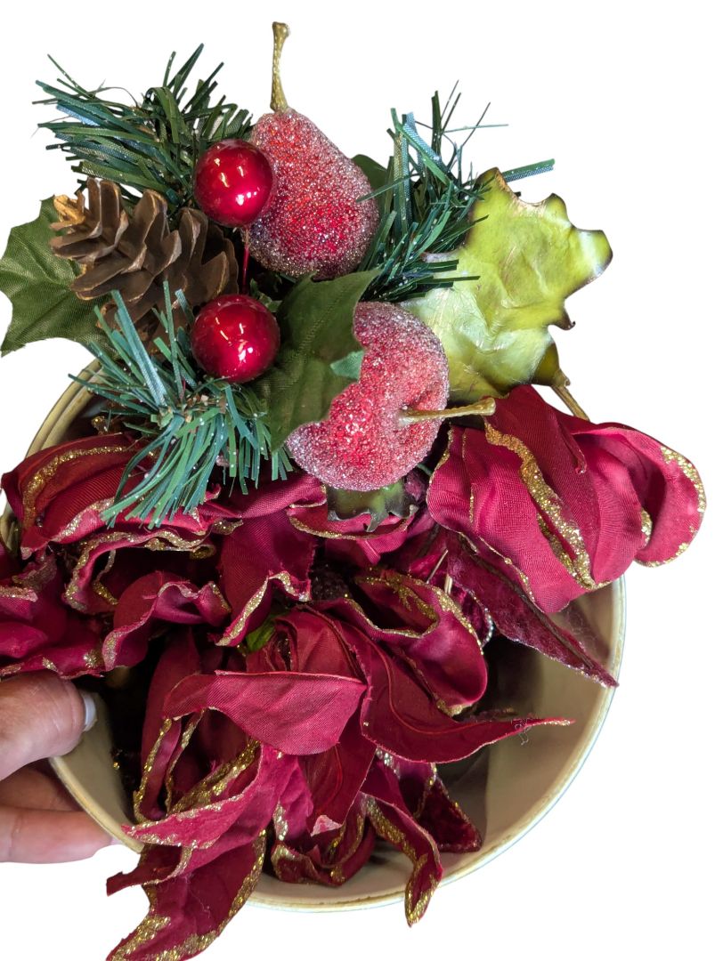Festive Holiday Floral Arrangement in Decorative Bird & Butterfly Tin Bucket