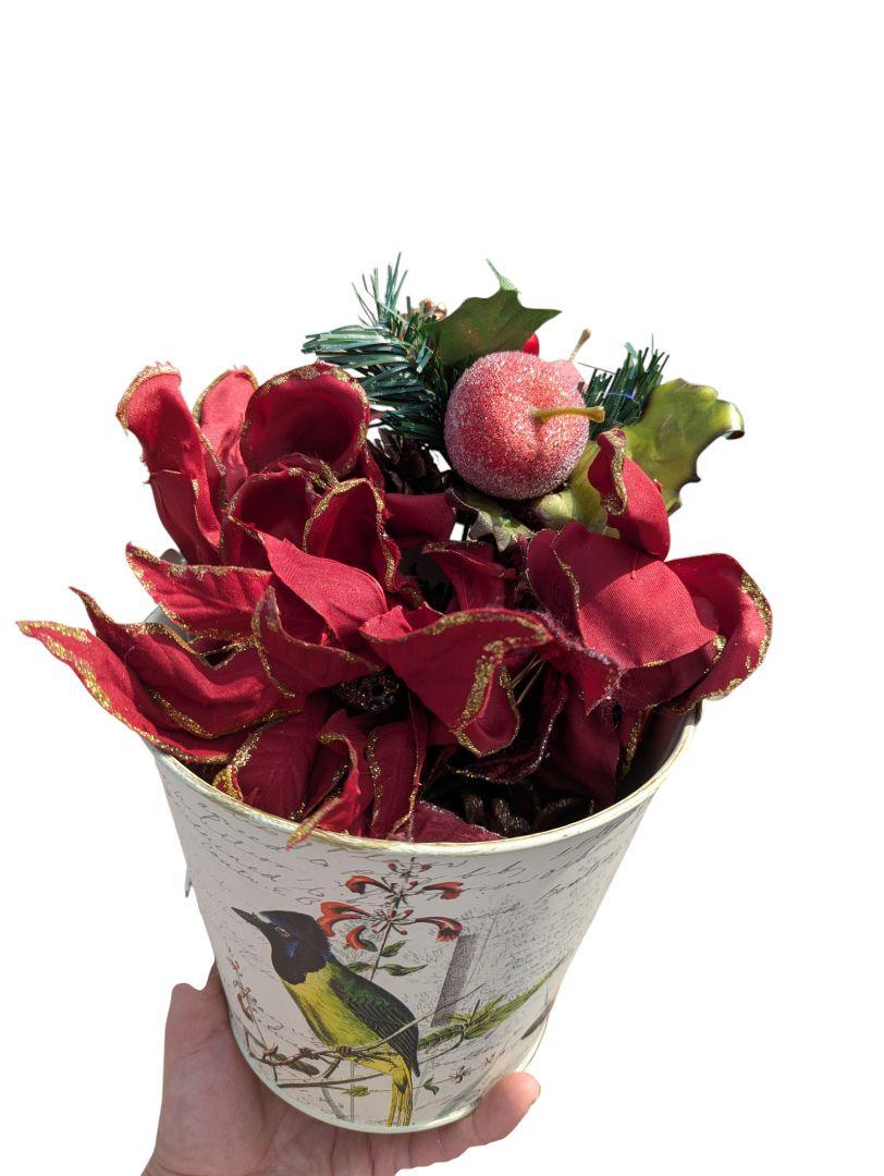 Festive Holiday Floral Arrangement in Decorative Bird & Butterfly Tin Bucket