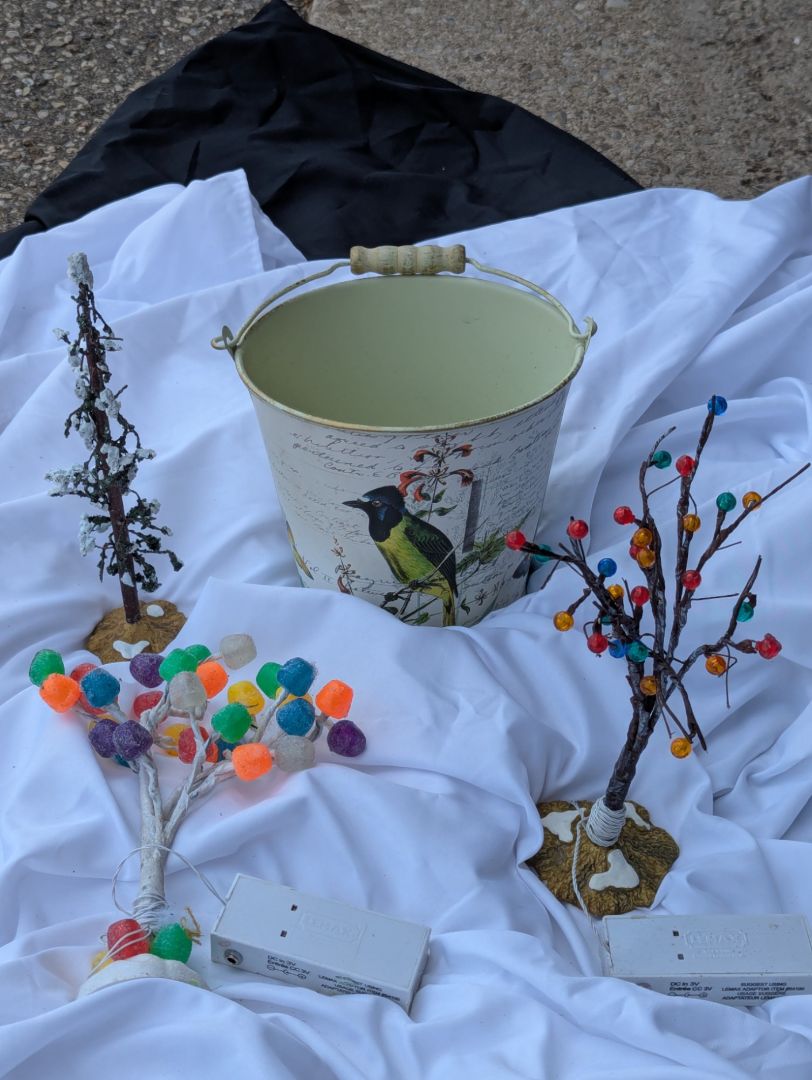 Lemax Holiday Village Decorative Lighted Trees with Tin Bucket