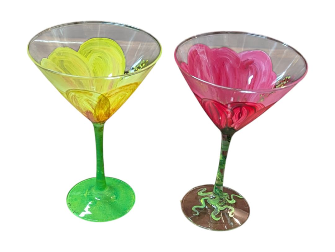 Hand-Painted UV Floral Martini Glasses – Set of 2