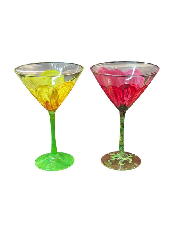 Hand-Painted UV Floral Martini Glasses – Set of 2
