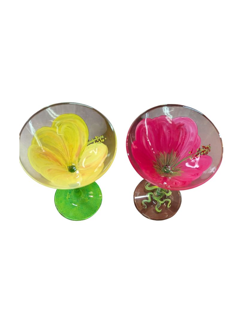 Hand-Painted UV Floral Martini Glasses – Set of 2