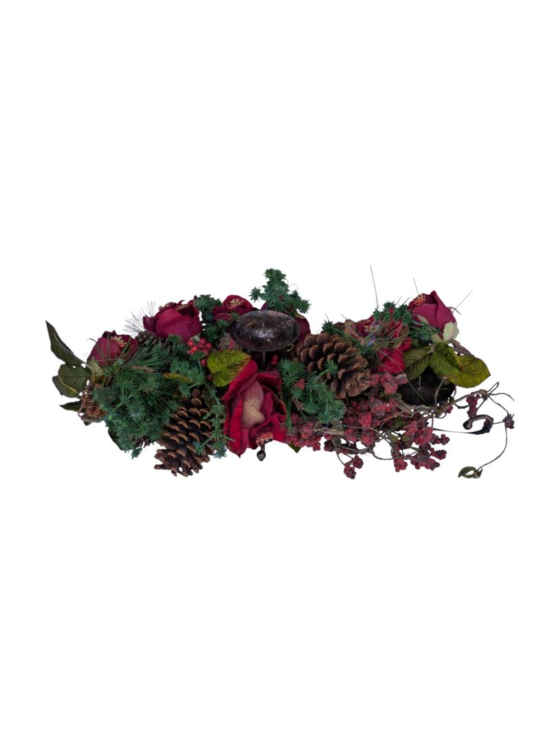 Holiday Floral Candle Centerpiece – Red Roses & Pinecones