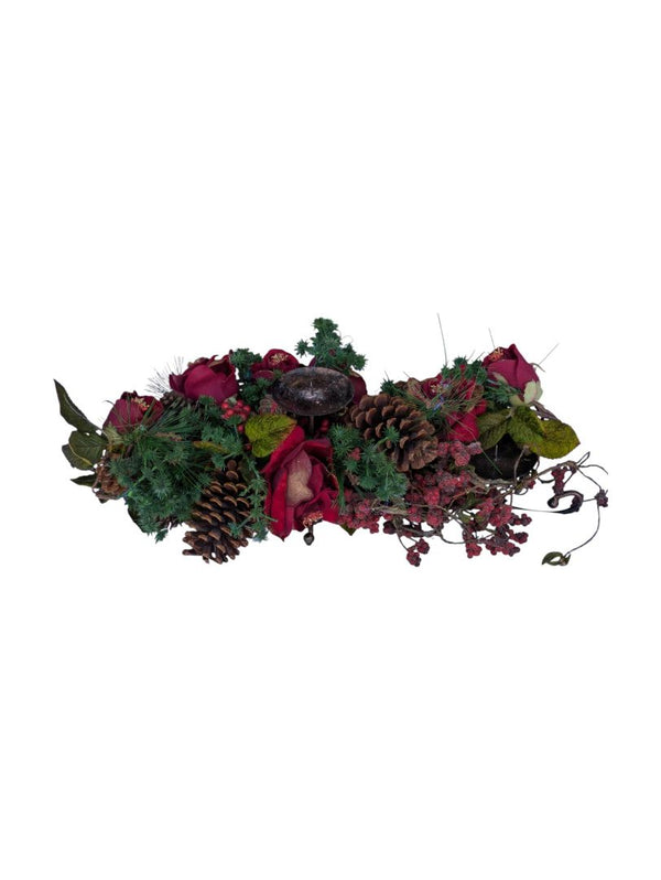 Holiday Floral Candle Centerpiece – Red Roses & Pinecones