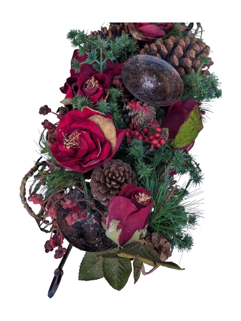 Holiday Floral Candle Centerpiece – Red Roses & Pinecones