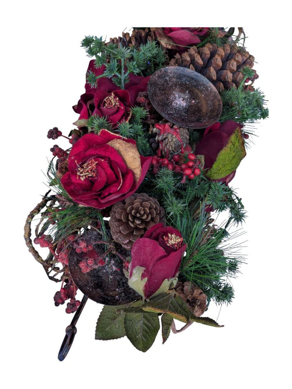 Holiday Floral Candle Centerpiece – Red Roses & Pinecones
