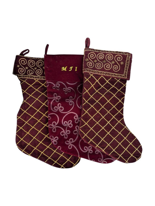 Set of 3 Burgundy Velvet Christmas Stockings