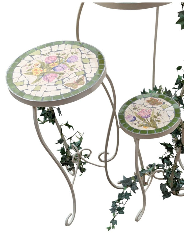 Floral Mosaic Tile Plant Stand Set – 3 Pieces