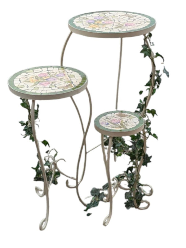 Floral Mosaic Tile Plant Stand Set – 3 Pieces