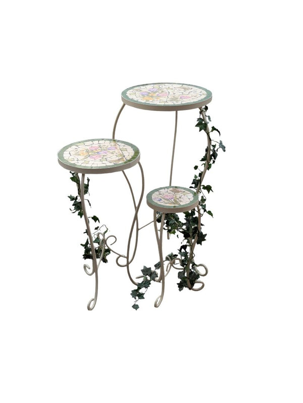 Floral Mosaic Tile Plant Stand Set – 3 Pieces