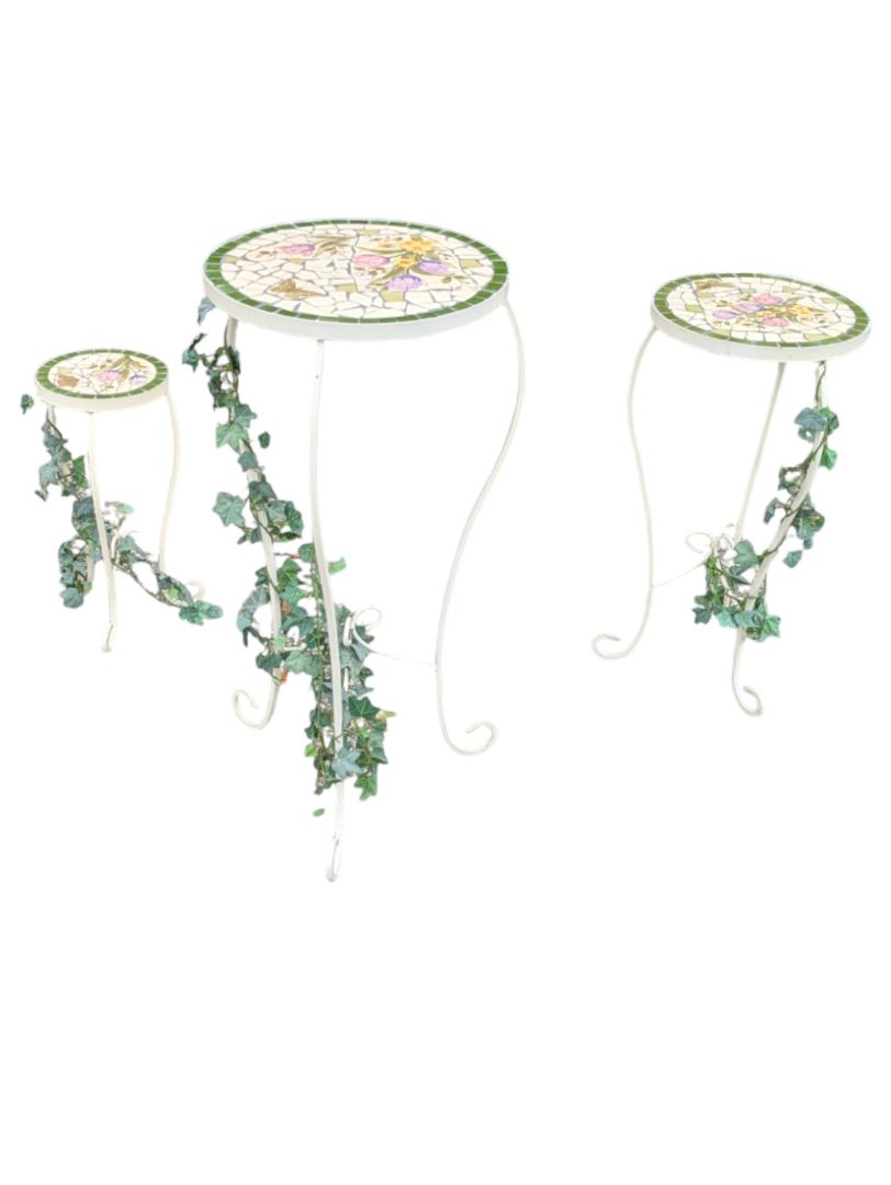 Floral Mosaic Tile Plant Stand Set – 3 Pieces