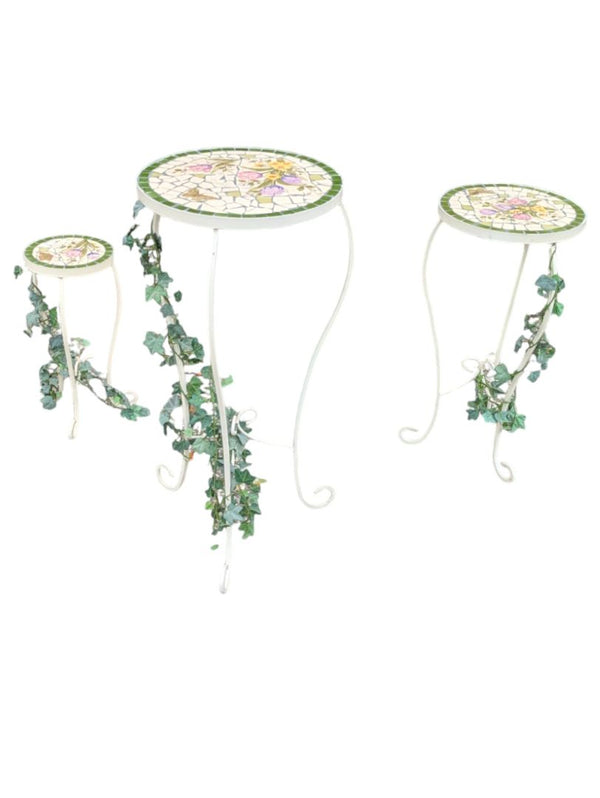 Floral Mosaic Tile Plant Stand Set – 3 Pieces
