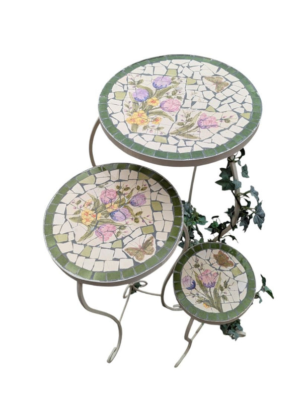 Floral Mosaic Tile Plant Stand Set – 3 Pieces