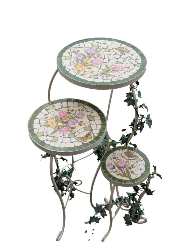 Floral Mosaic Tile Plant Stand Set – 3 Pieces