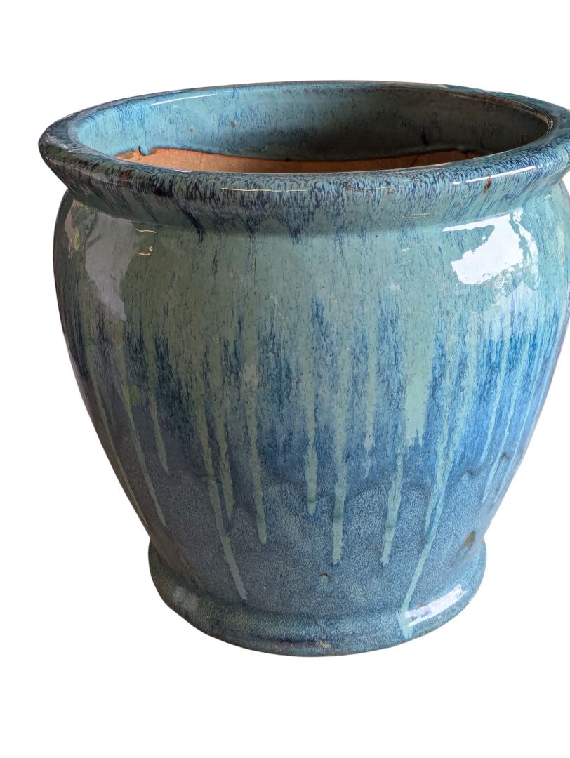 Large Glazed Ceramic Planter – Blue Drip Glaze
