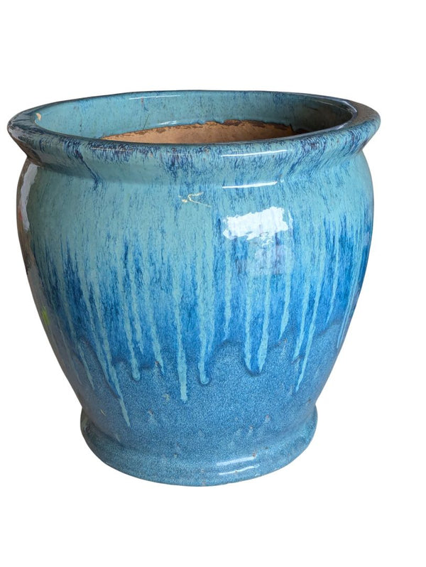 Large Glazed Ceramic Planter – Blue Drip Glaze