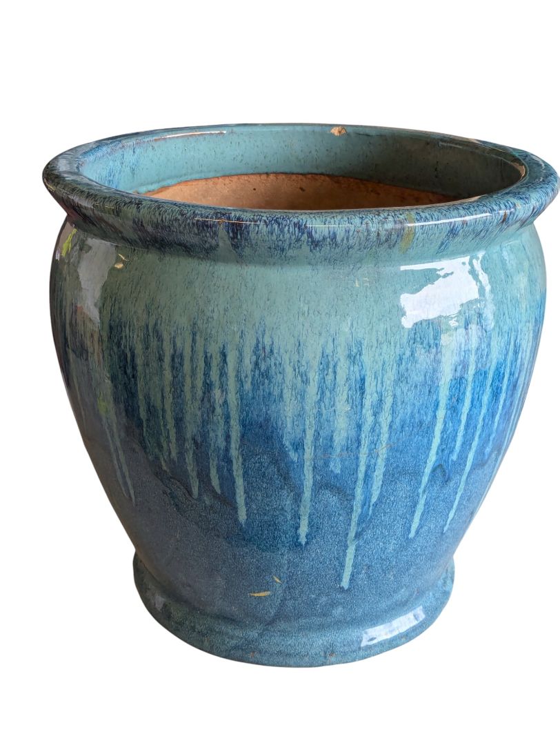 Large Glazed Ceramic Planter – Blue Drip Glaze