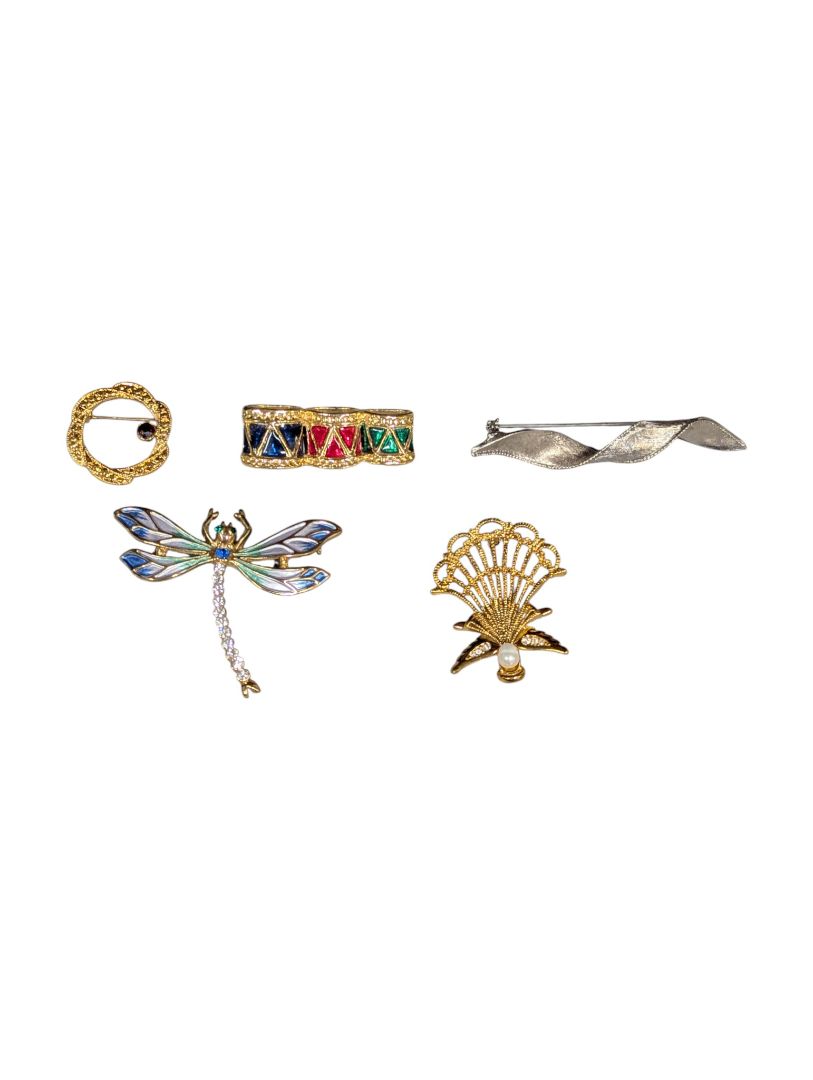 Lot of 5 Vintage Costume Brooches – Enamel, Rhinestone & Gold-Tone Mix