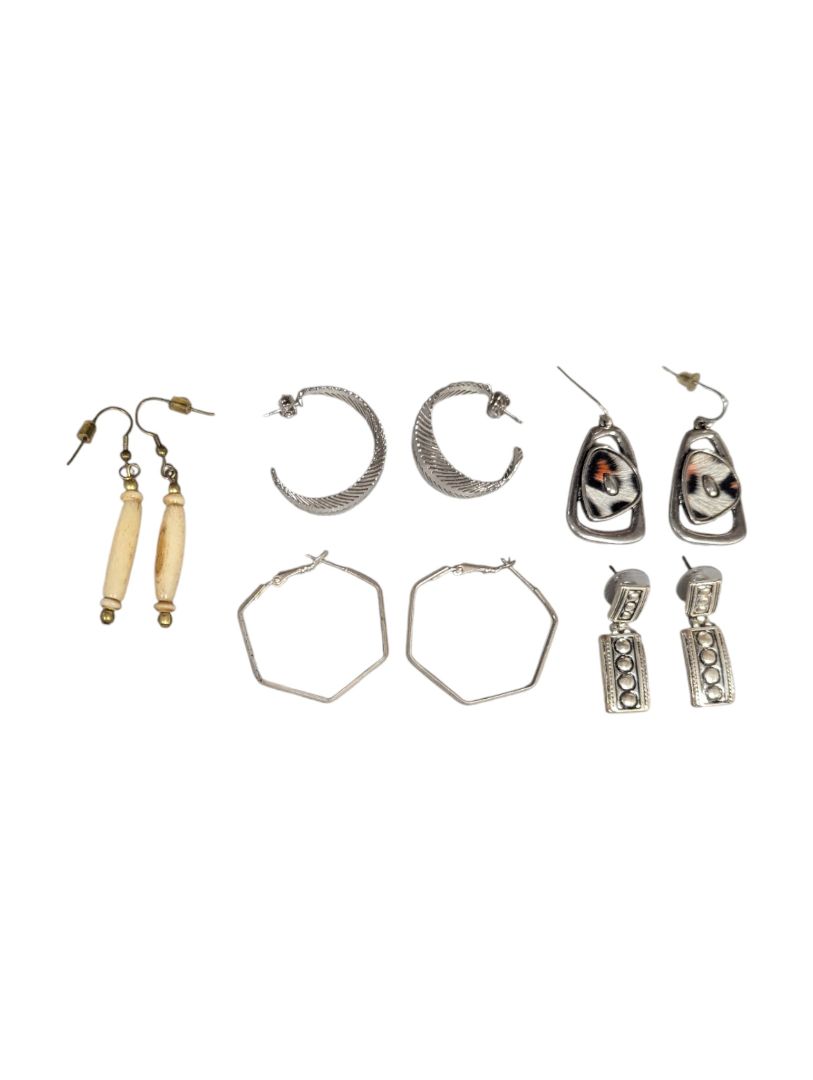 Lot of 5 Pairs of Mixed Earrings – Silver-Tone, Geometric & Boho Styles
