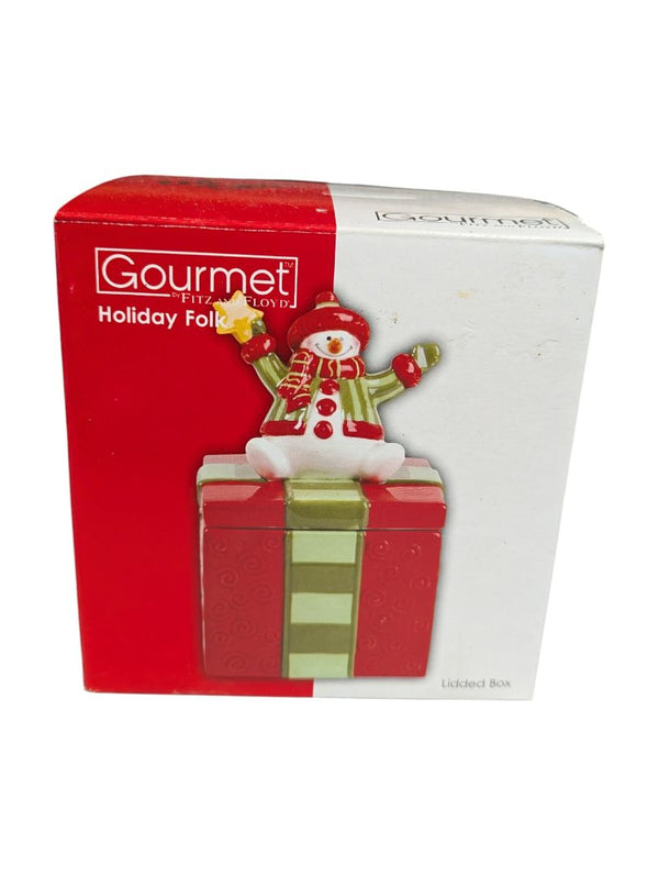 Festive Snowman on Gift Box Ceramic Jar