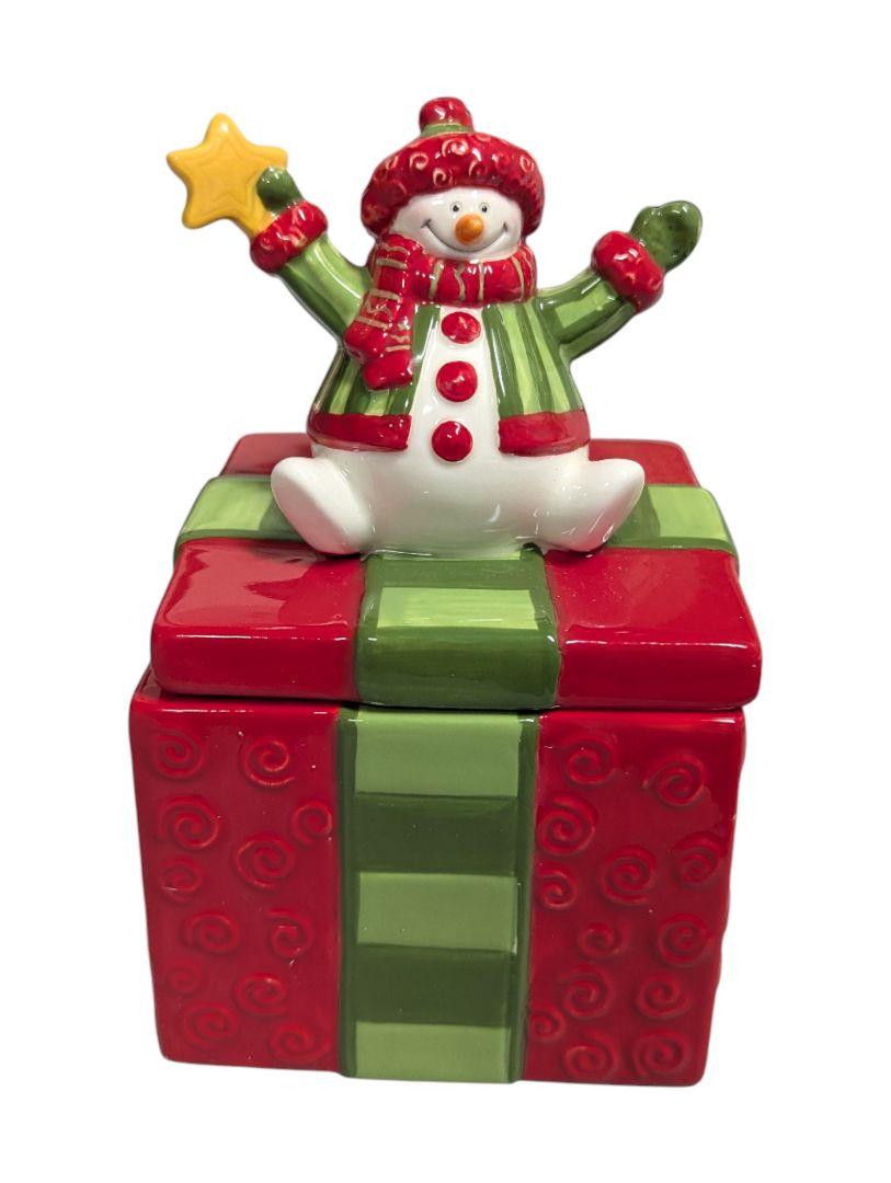 Festive Snowman on Gift Box Ceramic Jar