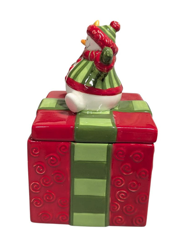 Festive Snowman on Gift Box Ceramic Jar
