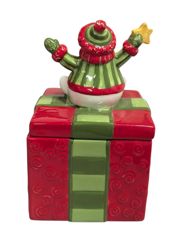 Festive Snowman on Gift Box Ceramic Jar