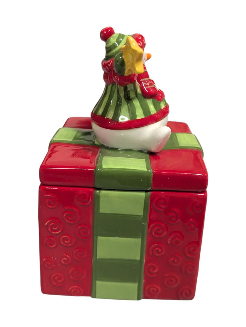 Festive Snowman on Gift Box Ceramic Jar