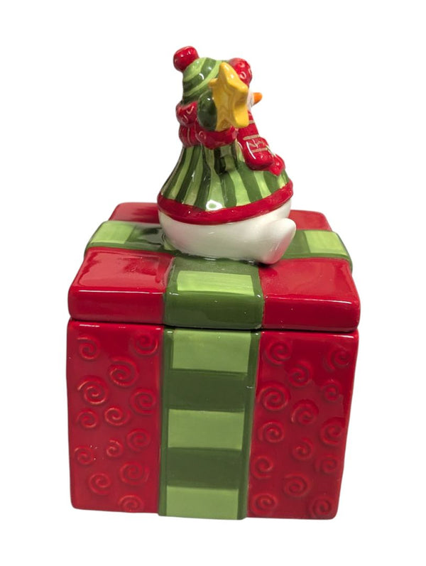 Festive Snowman on Gift Box Ceramic Jar