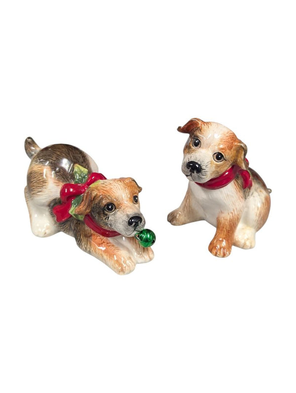 Pair of Ceramic Christmas Puppies Figurines