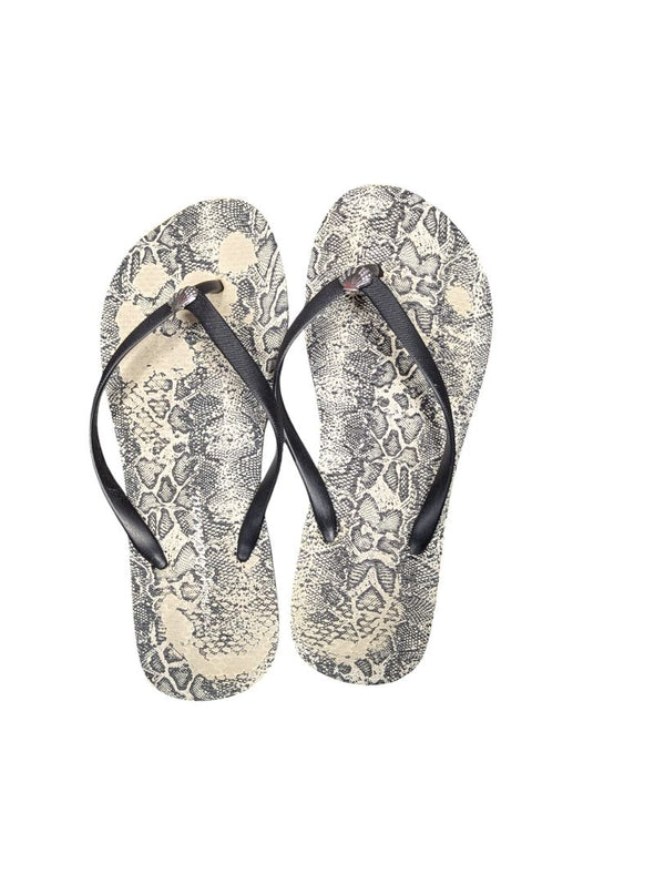 Women’s Snakeskin Print Flip-Flops — Black & Beige