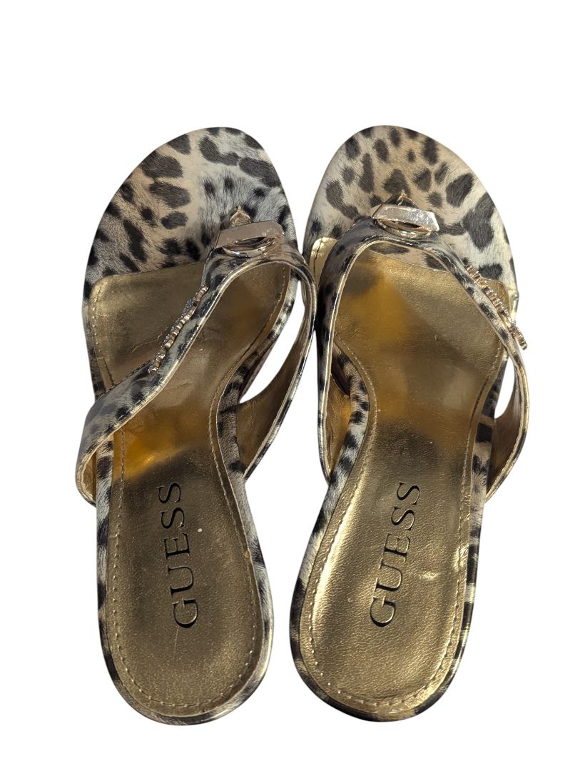 GUESS Leopard Print Wedge Sandals — Rhinestone Logo