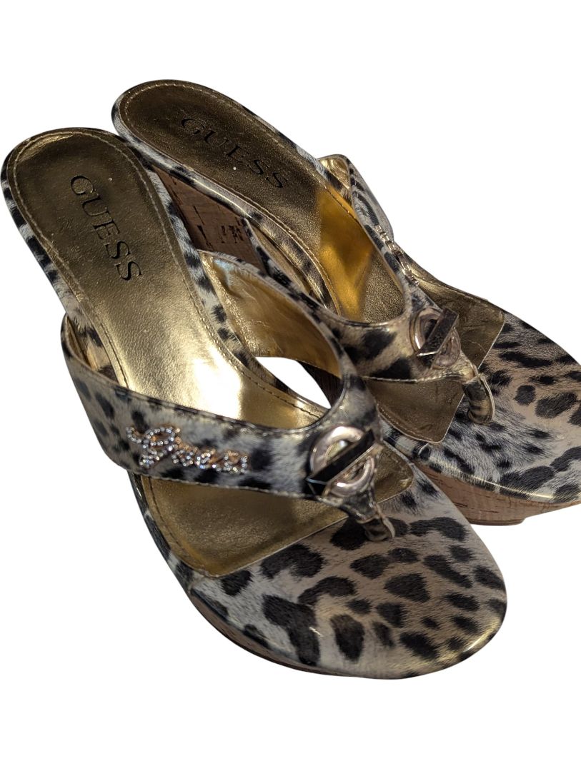 GUESS Leopard Print Wedge Sandals — Rhinestone Logo
